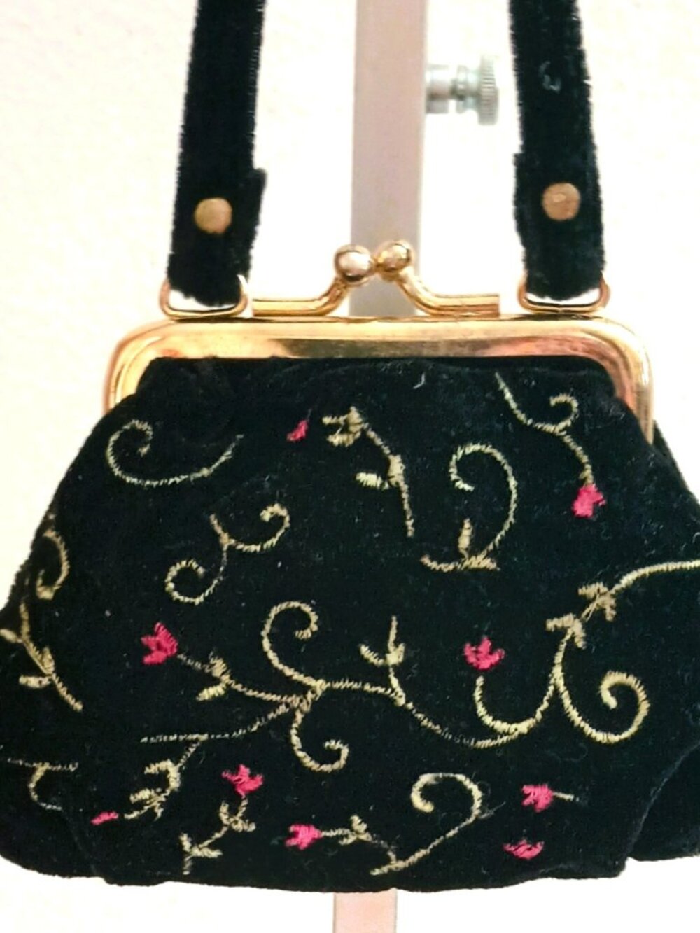 Black Velvet Floral Mini Coin Purse Embroidered Pink Floral with Vines